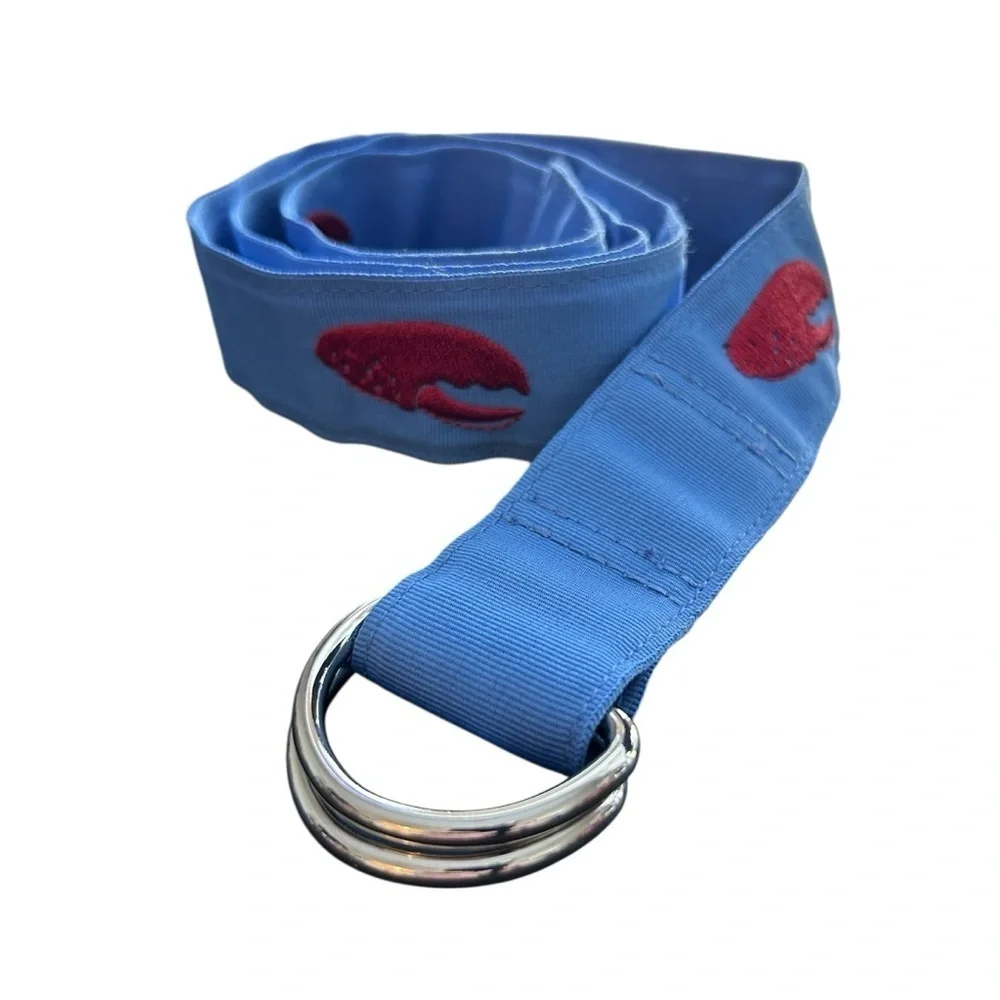 Vineyard Vines Blue D-Ring Belt with Red Lobster Claw Embroidery SZ L
